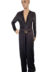 Tuta By Swan Paris nera scollo a V profondo occasione taglia large 12 stampa tigre top - Foto 1 di 13