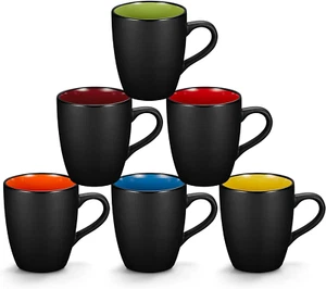 6 Pack Porcelain Coffee Mugs Set 12Oz Matte Black Ceramic Cups Colorful Inside - Picture 1 of 12