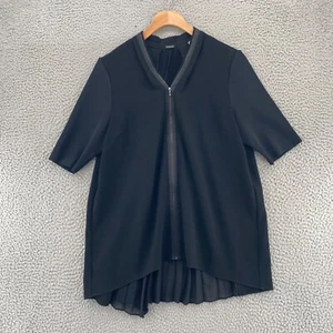 Elie Tahari Top Women Medium Black Full Zip Short Sleeve High Low Stretch Blouse - Picture 1 of 11