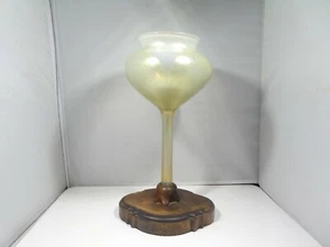 ARTS AND CRAFTS STYLE PULLED FEATHER AURENE GLASS VASE W EXOTIC WOOD BASE - Picture 1 of 8