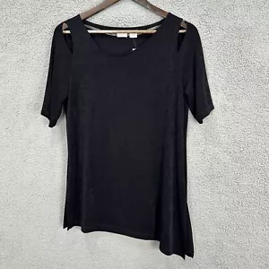 Chicos Travelers Black Split Shoulder Short Sleeve Asymmetrical Top Womens 1 - Picture 1 of 8