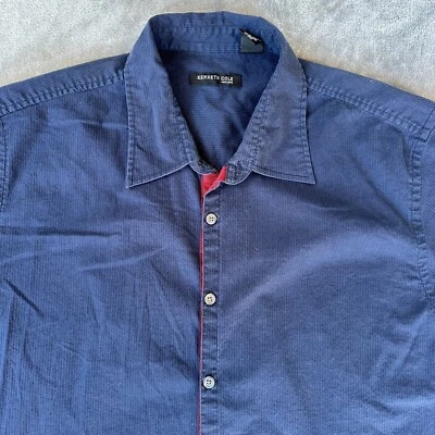 Camisa Kenneth Cole New York Para Hombre XL Azul Marino Manga Corta Algodón Abotonado Foto 1 de 4