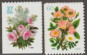 2 postfrische GARTENSTRAUSS BOTANISCHE BRIEFMARKEN: 5 Sorten wildrosa Rosen weiße Flieder - Bild 1 von 3