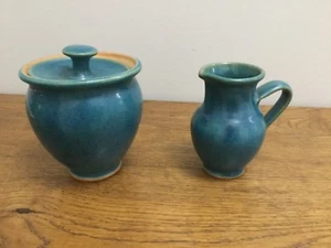 Art Pottery Teal Cream and Sugar Set - Picture 1 of 4
