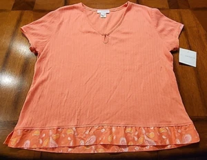 SAG HARBOR PAJAMA TOP WOMENS SIZE LARGE SHORT SLEEVE CORAL V-NECK STRETCH NWT - Picture 1 of 8