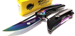 Wild Turkey Handmade Black Rainbow Spring Open Assisted Folding Pocket Knife EDC - Picture 1 of 3