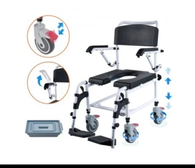 VEVOR Shower Commode Wheelchair with 4 Lockable Wheels Footrests Flip-up Arms - Image 1 of 4