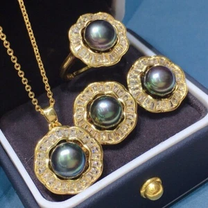 Natural 8-9mm Akoya Pearl 18KGP Inlay Zircon Earrings +Ring + Pendant Necklace - Imagen 1 de 3