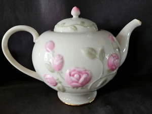 Lenox Hand-Painted Floral Porcelain Teapot With Lid Embossed Rose Design 6" Tall - Picture 1 of 4