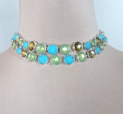 Ожерелье ошейник Anne Klein из искусственной бирюзы со стразами двойной ряд серебристое - Изображение 1 из 4