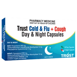 TRUST Cold & Flu + Cough Day & Night 24 Capsules Headaches Fever Sore Throat - Picture 1 of 1