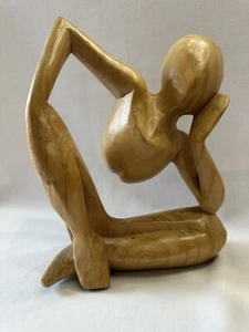 Wooden Abstract Sculpture Thinking Man Figurine Hand Carved Thinker Statue - Picture 1 of 14