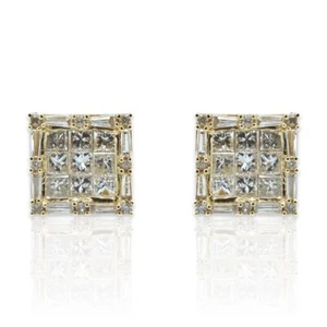 18K Yellow Gold Natural Diamond Invisible Set Square Cut Stud Earrings 1.50ctw - Picture 1 of 3