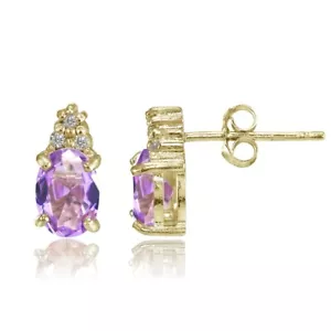 Yellow Gold Flash 925 Silver Simulated Amethyst and CZ Accent Oval Stud Earrings - Picture 1 of 4
