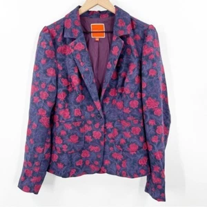Modcloth Blue Purple Multi Color Floral Brocade Ruffle Peplum Blazer Jacket L - Picture 1 of 11