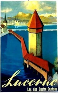 Affiche ancienne originale LUCERNE TOUR PONT LAC ALPS vers 1945 - Photo 1/1