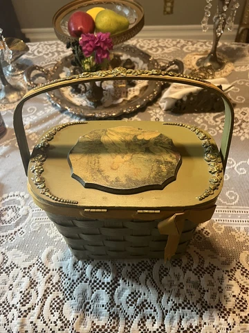 Vintage Picnic Basket Victorian Couple Ornate Collectors Item Cover