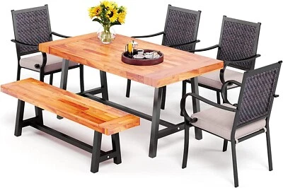 Conjunto de mesa de jantar ao ar livre 6 peças conjunto de cadeiras de mesa de pátio banco de madeira - Imagem 1 de 4