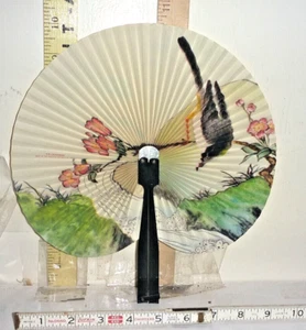 Abanico de mano de papel plegable asiático de colección 1 10" H - pájaro y flor - mango de metal ~ 6" L - Imagen 1 de 10