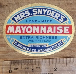 ADVERTISING Bottle JAR label Mrs Snyder Washington DC Mayonnaise - Picture 1 of 1