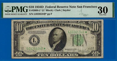 1934D $10 Federal Reserve Note PMG 30 San Francisco star Fr 2009-L - Image 1 of 2