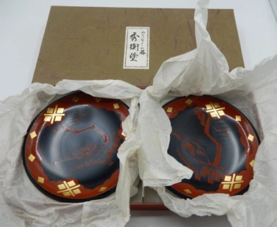 Vintage Set of 5 Japanese Wooden Lacquer Plates Dishes Gold Trim in Original Box - Image 1 of 4