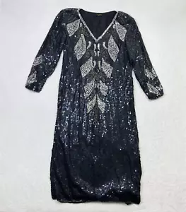 Vintage 80er Pailletten Kleid Damen Medium Schwarz Seide Silber Etui Party Neujahr - Bild 1 von 13