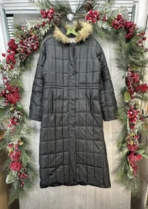 Vintage 90s Long Puffer Coat Size Medium Womens Retro Warm Snow Faux Fur Hood - Picture 1 of 16