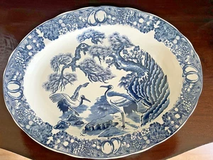 Vintage 18,5" blau & weiß Transferware Platte Reiher Früchte Japan signiert Sekisui - Bild 1 von 10