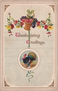 Thanksgiving Greetings Fruit Basket Flowers Turkey Holiday Postcard E48 - Picture 1 of 2