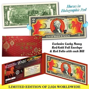2026 Chinese New Year Genuine $2 Bill YEAR OF THE HORSE Red Hologram LTD 2,026 - Picture 1 of 3