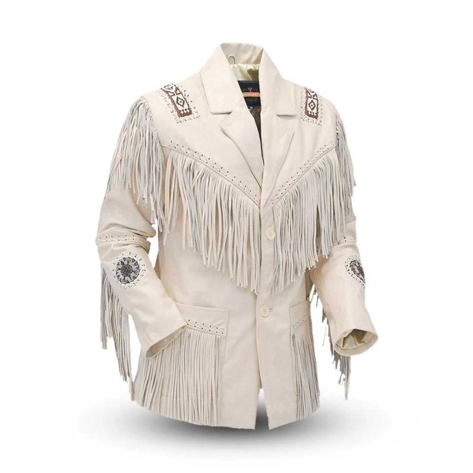 Western Cowhide Leather Jacket Mens Native American Beads & Fringe Cowboy Jacket - Image 1 of 4