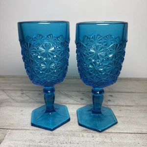 Calice vintage Fenton blu margherita e bottone vetro base esagonale 8 oz. - Foto 1 di 6