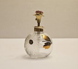 Vintage Irving Rice & Co Clear Etched Glass Perfume Bottle with Flowers - Picture 1 of 10