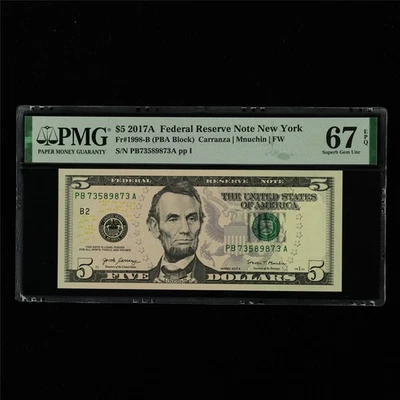 2017A Federal Reserve Note New York 5 Dollars Fr#1998-B PMG 67 EPQ UNC - Image 1 of 4