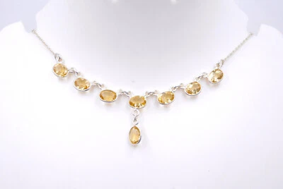 6.40 GM 925 Argento Sterling Naturale Citrino Taglio Gemma Ghiera Collana 50.8cm - Immagine 1 di 3