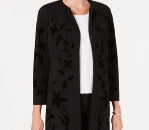 Alfani Womens Mid Length Hook Front Jacket Sz L Black Velvet Floral Appliqué New - Picture 1 of 3