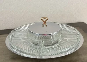 VTG KROMEX Chrome Lazy Susan w/ 5 Glass Dividers & Lid MCM Party Serve ware 14" - Picture 1 of 8