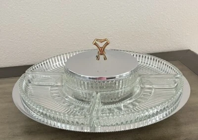 VTG KROMEX Chrome Lazy Susan w/ 5 Glass Dividers & Lid MCM Party Serve ware 14" - Image 1 of 4