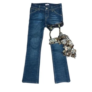 Ma*rs asymmetrical flare denim pants w leopard printed lace detachable garter - Picture 1 of 5