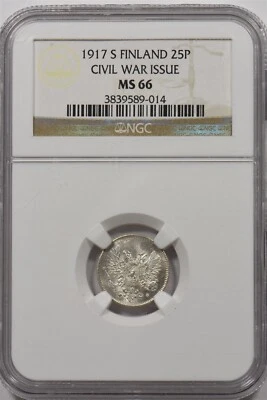 Finland 1917 S 25 Pennia NGC MS66 RARE this grade NI0005 combine shipping - Image 1 of 2