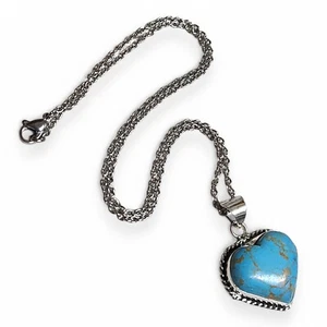Lady's 925 Sterling Gold Vein Blue Turquoise Heart Necklace 20.5" - Picture 1 of 4