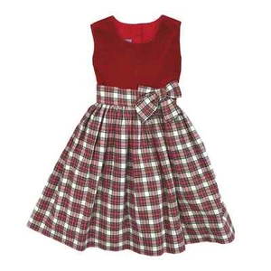 Anavini Red Velour Holiday Plaid A Line Bow Dress Girls 4 - Picture 1 of 6