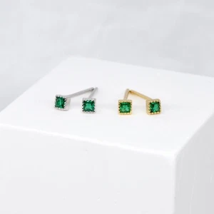 Tiny Square Cut Green CZ Crystal Sterling Silver Stud Earrings - Picture 1 of 7
