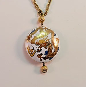Chinese Cloisonne Dragon Pendant Necklace Multi Color Double Sided Dragon Vtg - Picture 1 of 4
