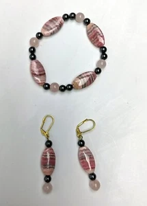 Pulsera Piedra Cuarzo Rodocrosita, Pendientes Rosa Gris, Hecho a Mano Tono Dorado - Imagen 1 de 3