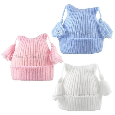 PESCI BABY Baby Hat Beanie Cap Boy Girl Winter Knitted With Tassels 0-3 Months, 3-6 Months