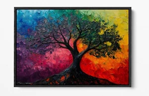 BUNTER BAUM ÖLGEMÄLDE STIL - SCHWEBEEFFEKT GERAHMT LEINWAND KUNSTDRUCK - Bild 1 von 12