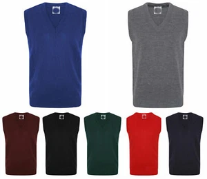 BOYS GIRLS V-NECK KNITTED SCHOOL JUMPER SLEEVELESS SWEATSHIRT TOP RED ROYAL BLUE - Picture 1 of 6
