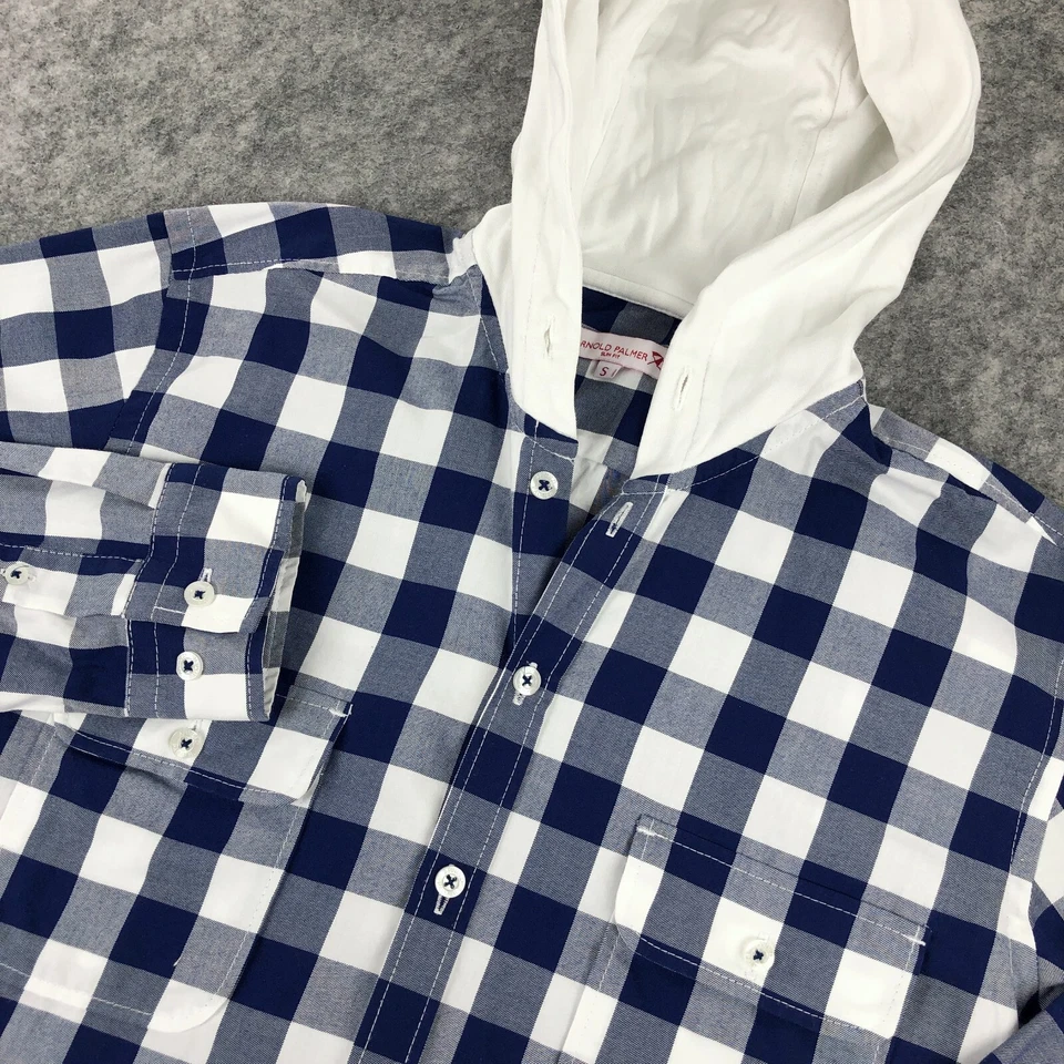 Arnold Palmer Para Hombres Camisa Abotonada Pequeña Azul A Cuadros Calce Ajustado Con Capucha Manga Larga Foto 1 de 4